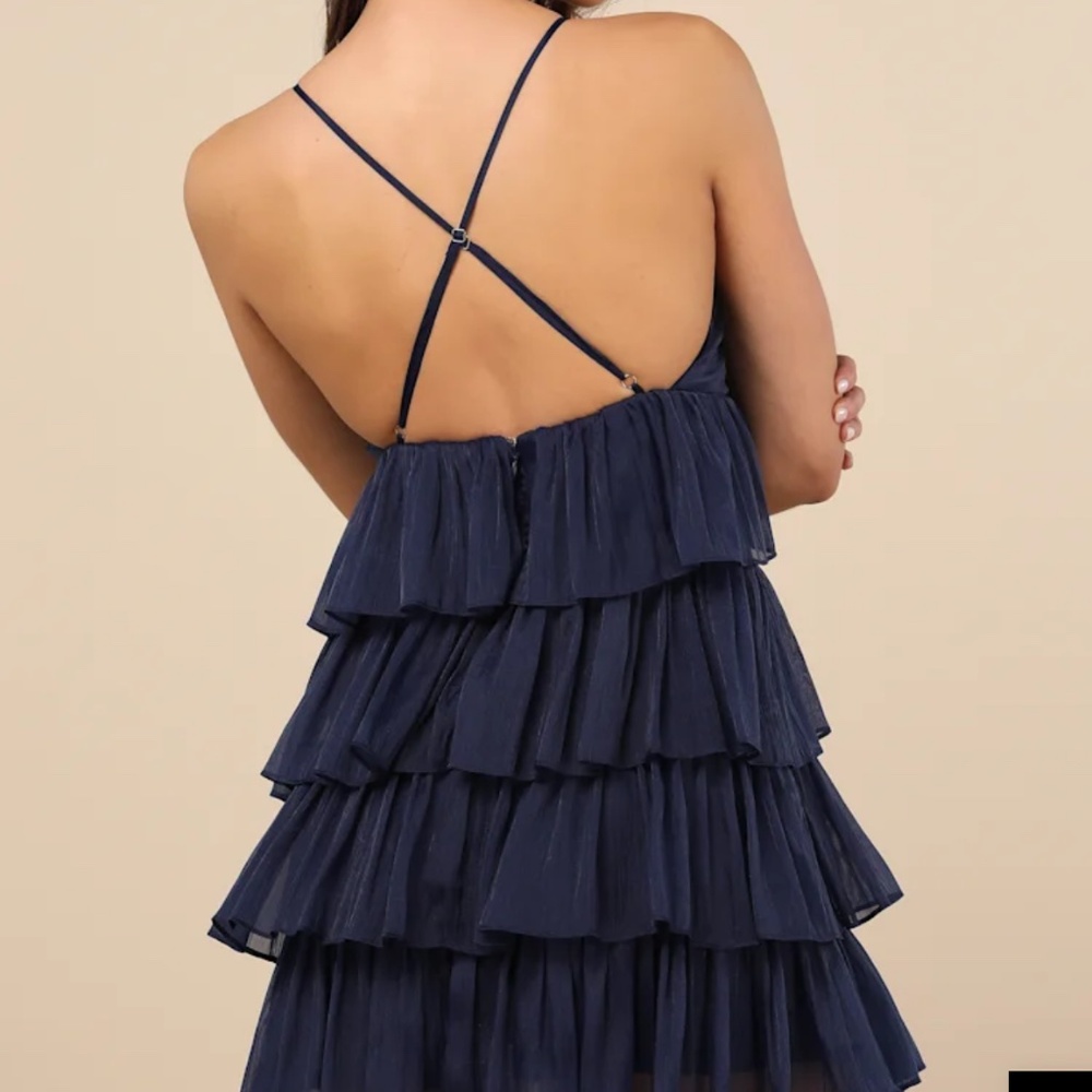 The Party's Tier Navy Organza Tiered Backless Mini Dress - Picture 2 of 6